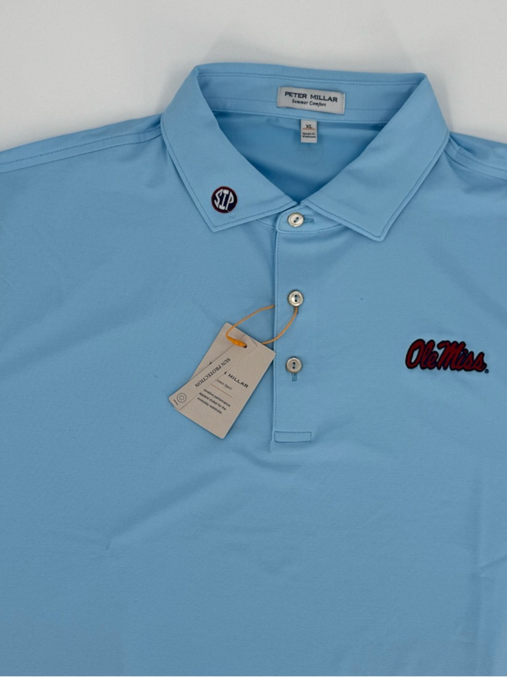 SIP EMBROIDERED COLLAR Peter Millar Ole Miss Powder Blue MicroStripe Polo-NWT-XL